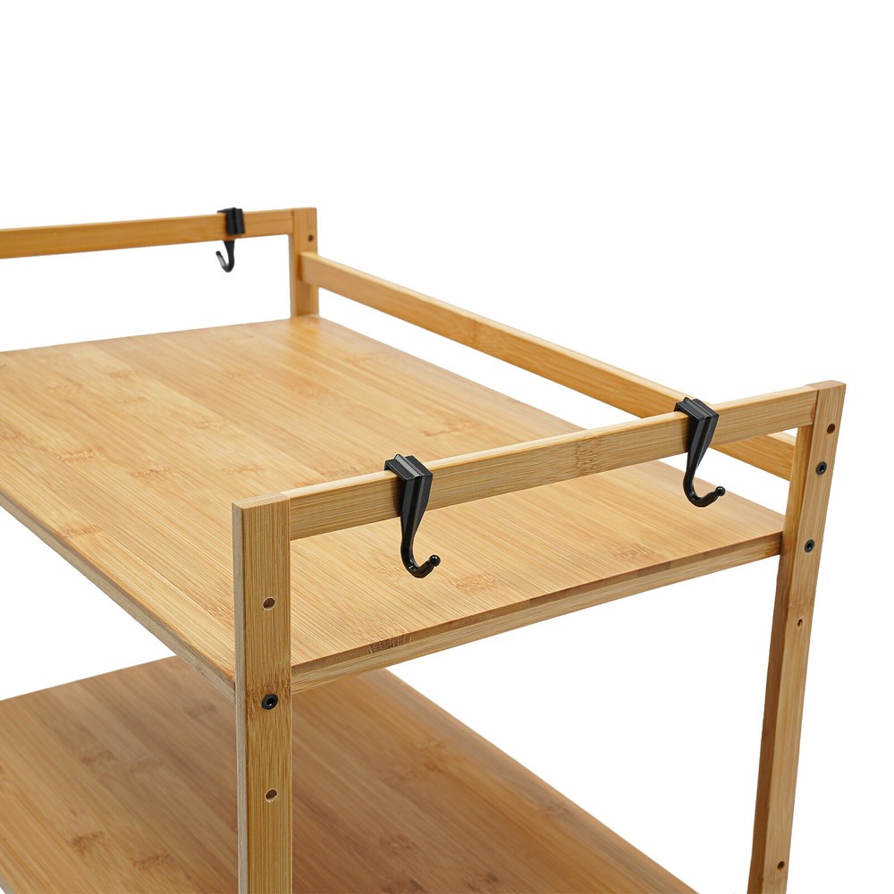 2-Tier Bamboo Kitchen Storage Rack with Hooks and Adjustable Shelves