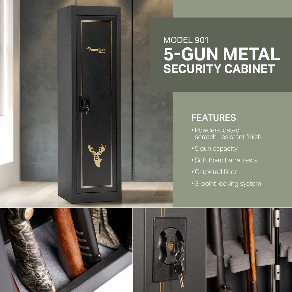 Space Saving 5 Gun Metal Locking Security Cabinet, Model 901
