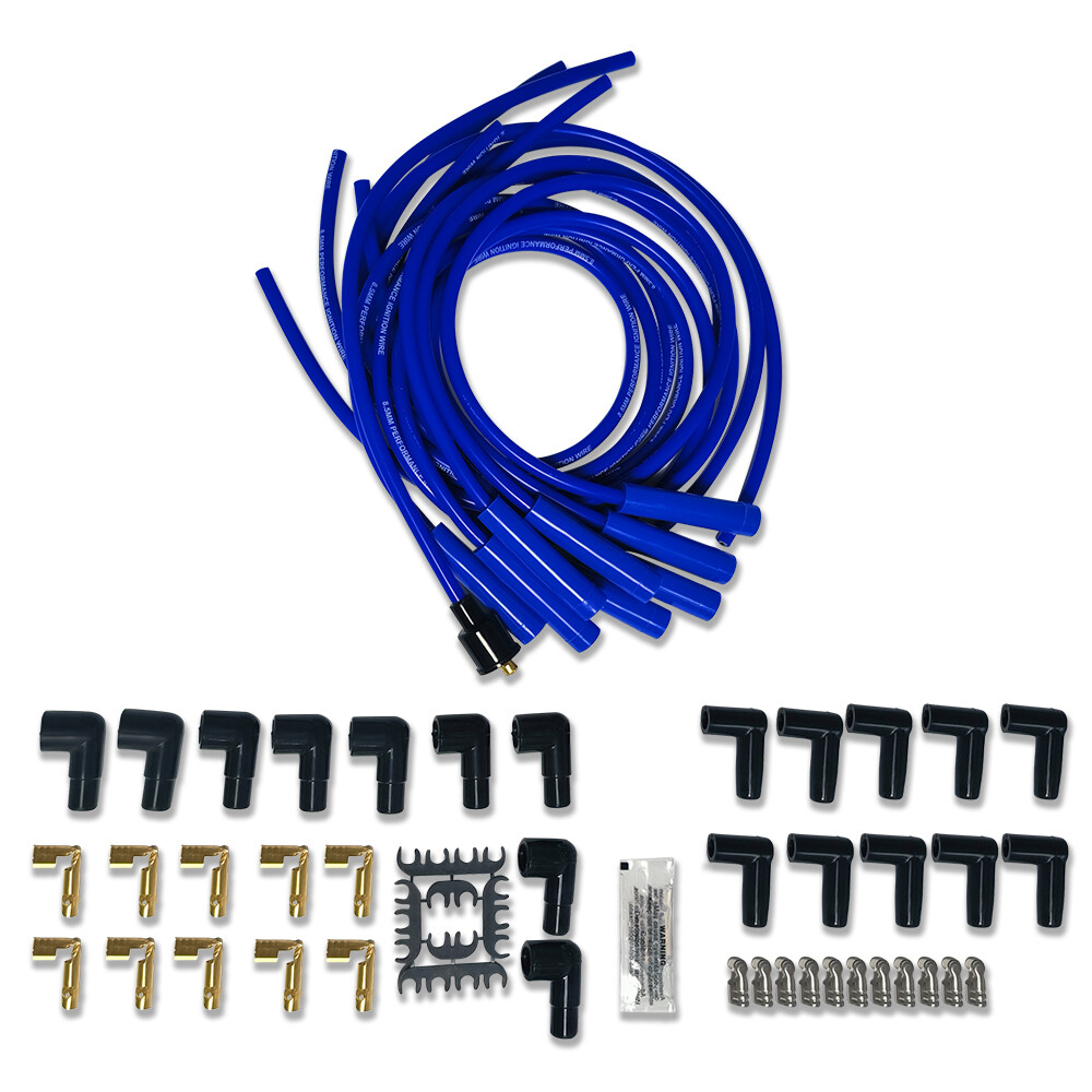 Universal 8.5mm Blue Spark Plug Wires Straight Boots Spiral Core V8