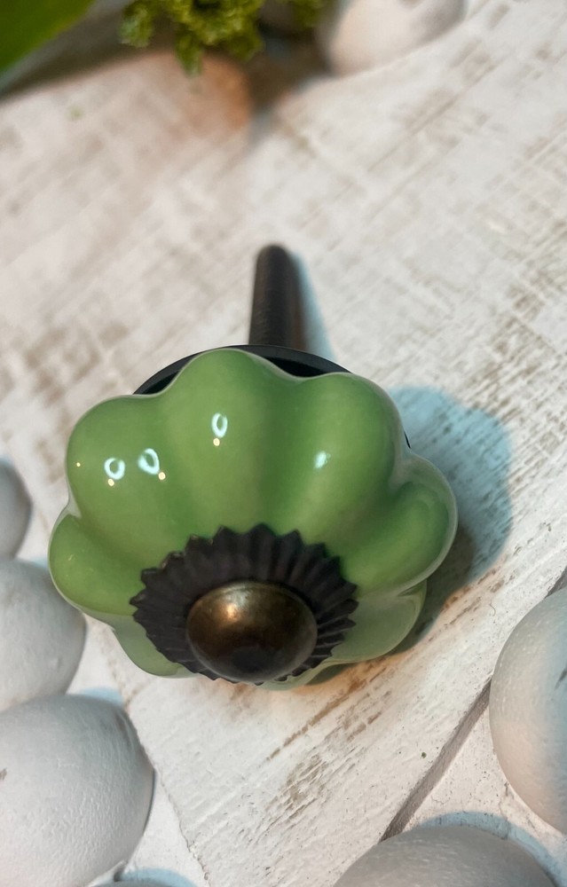 2 Brass 1.25" JADEITE GREEN Kitchen Cabinet Drawer Knobs Depression Caramic