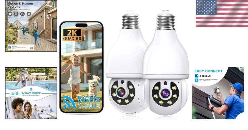 Wireless 2K HD Light Bulb Camera with Motion Detection & Two-Way Talk (2 Pack)