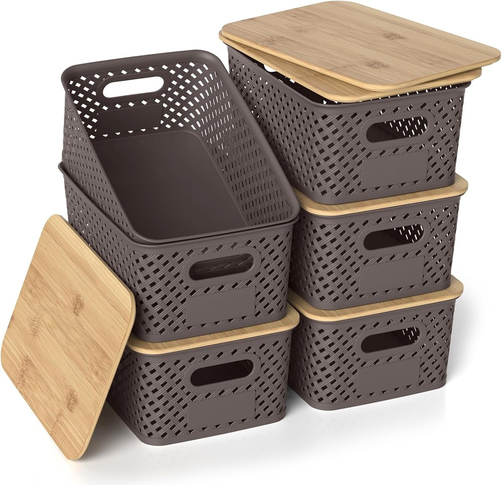 6 Pack Plastic Storage Bins W/ Bamboo Lids Stackable Small Box Baskets Container