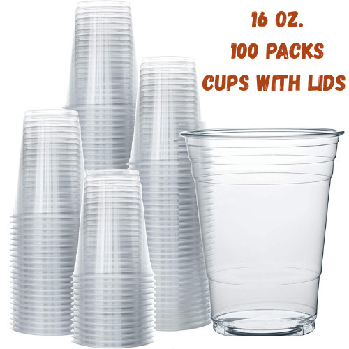 100 Pack 16oz Disposable Plastic Cups with Lids - Clear PET Drinking Cups for Co