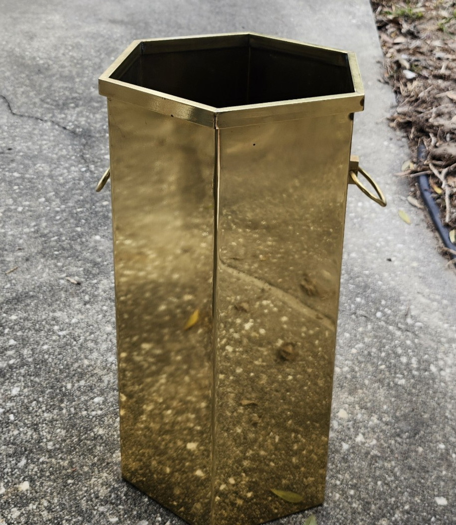 Vintage gold shiny brass Umbrella Stand 18" x 10" w/ Handles hexagon