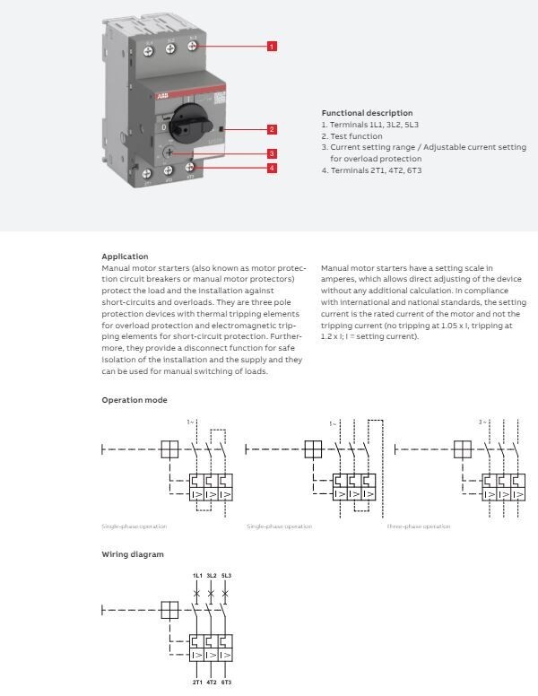 ABB T&B MS116-2.5 MANUAL MOTOR STARTER 1.6-2.5A RANGE