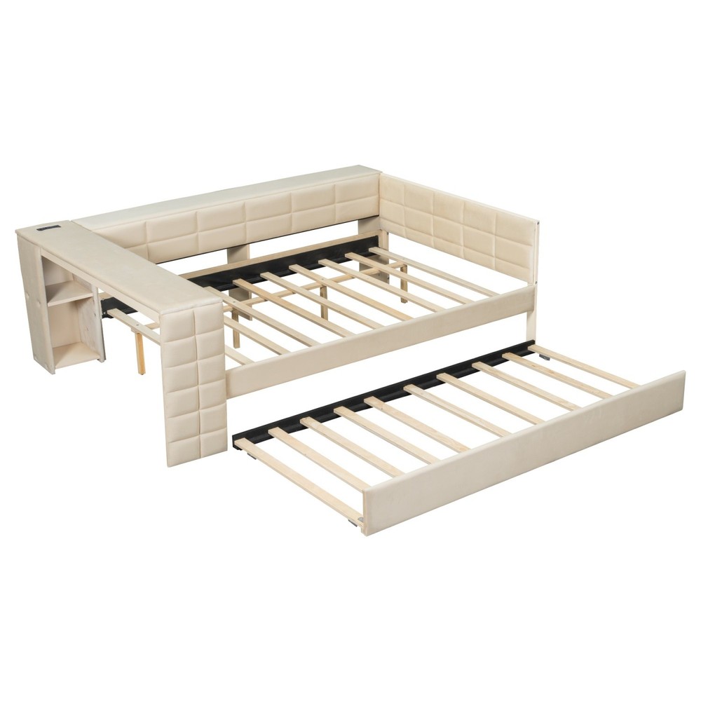 Full Size Daybed Upholstered Bed Frame with Trundle & USB Ports & Storage Shelf