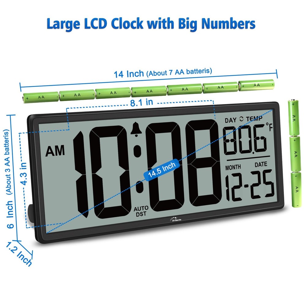 WallarGe 14.5'' Digital Clock: Jumbo Display, Temp, Date, Easy Set & DST