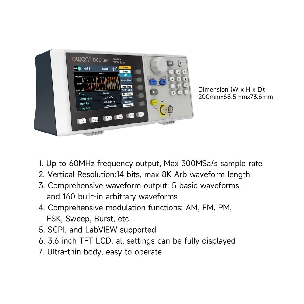 OWON Waveform Generator, 60MHz Bandwidth,300MSa/s Sampling Rate, 14 bits Vert...