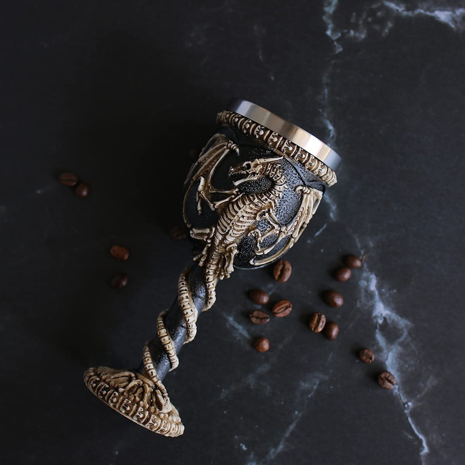 Stainless Steel Medieval Dragon Chalice Goblet, Gothic Dragon Skeleton Ossuar...