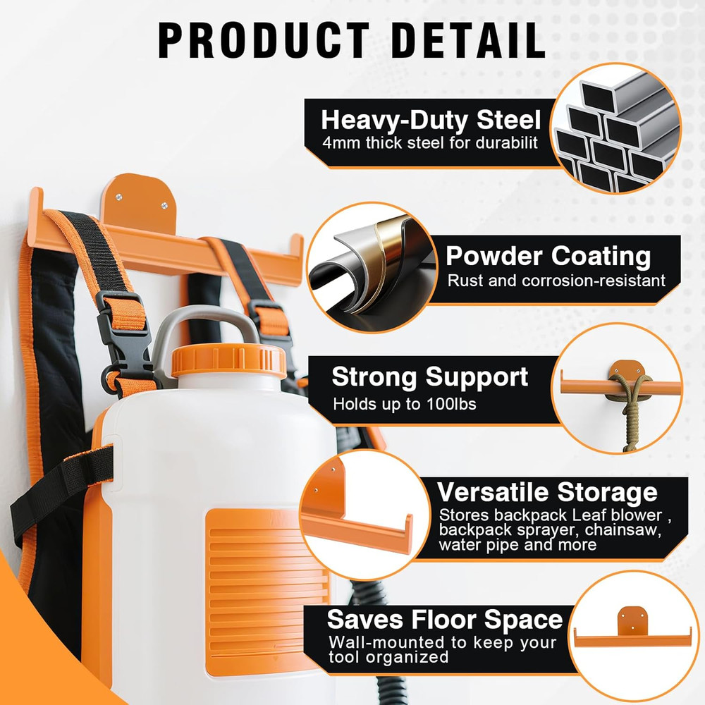Backpack Leaf Blower and Sprayer Wall Mount, 2-Pack Garage Storage Solution