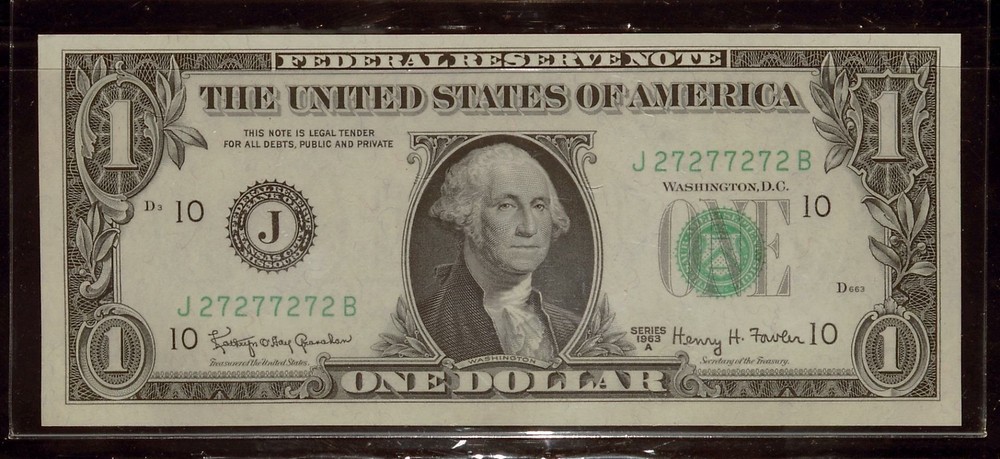 Repeater | Binary | Special Serial Number | J27277272B, 1963A $1 FRN UNC