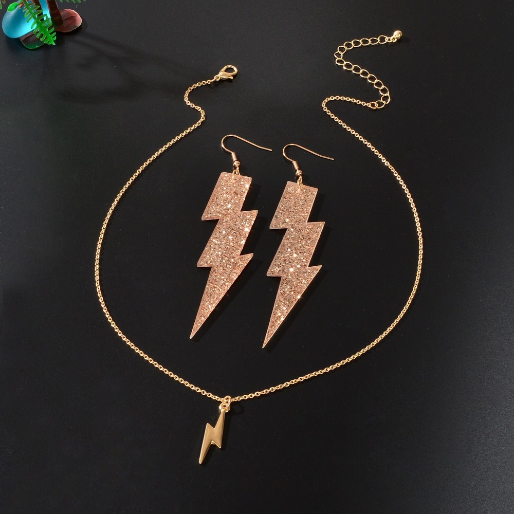 Sparkling Gold Sequin Lightning Dangle Earrings Lightning Pendant Necklace set