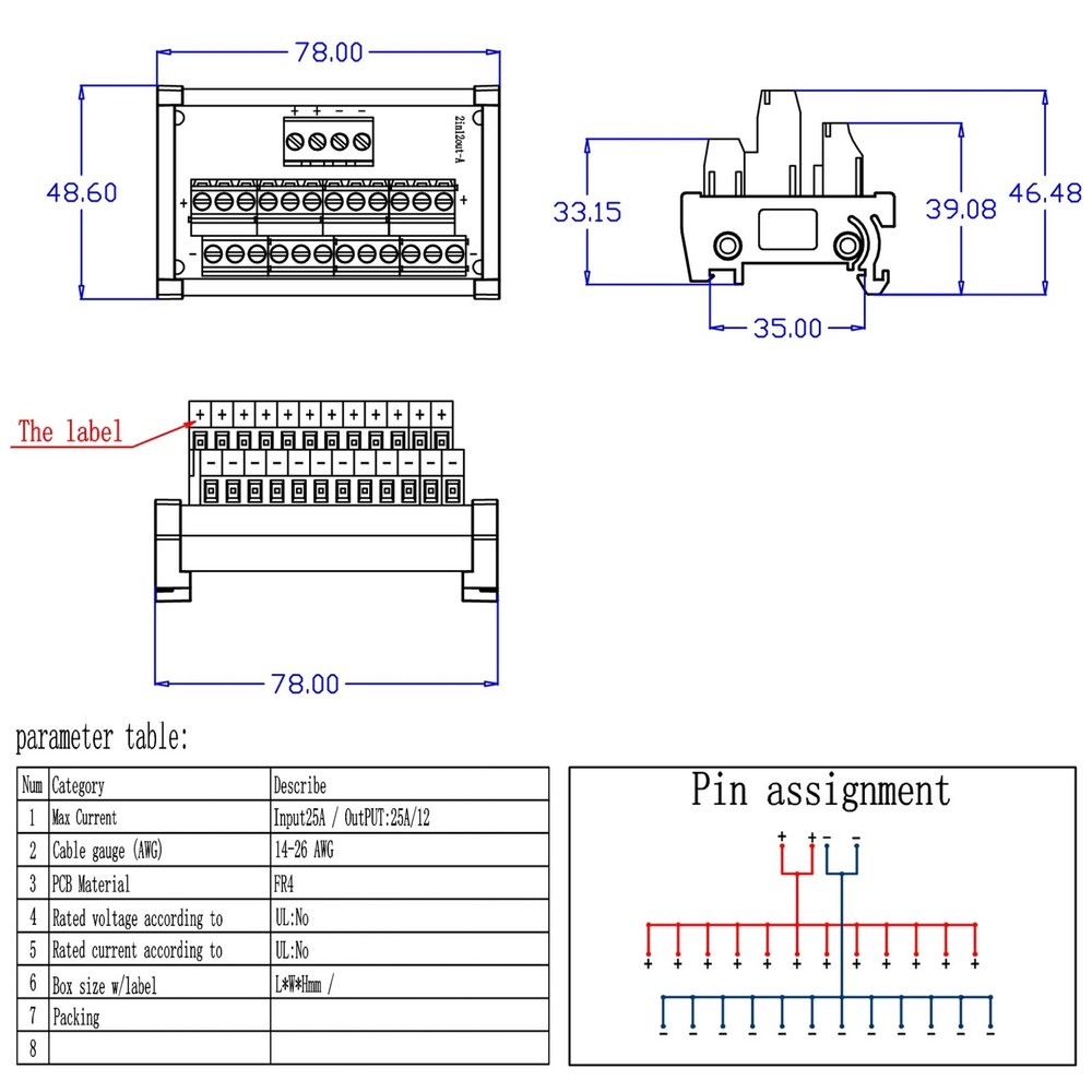 2in12 Out Terminal Blocks Module 25A DIN Rail Panel Power Distribution