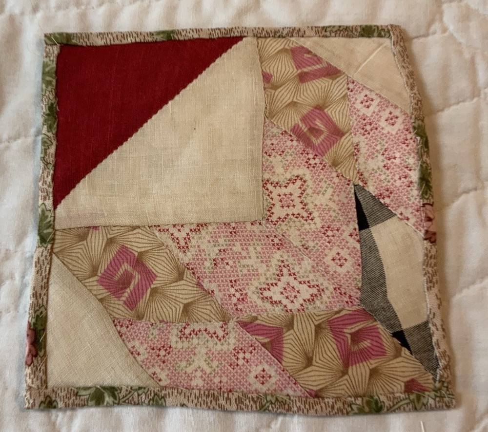 Antique Patchwork Quilt Table Topper, Diamonds, Early Calicos, Beige, Pink, Red