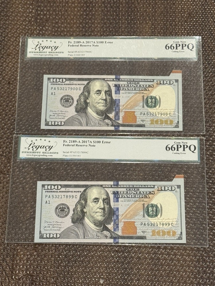 (2) SEQUENTIAL SERIAL NUMBER $100 FRN LEGACY 66 PPQ - CUTTING / FOLDOVER ERROR