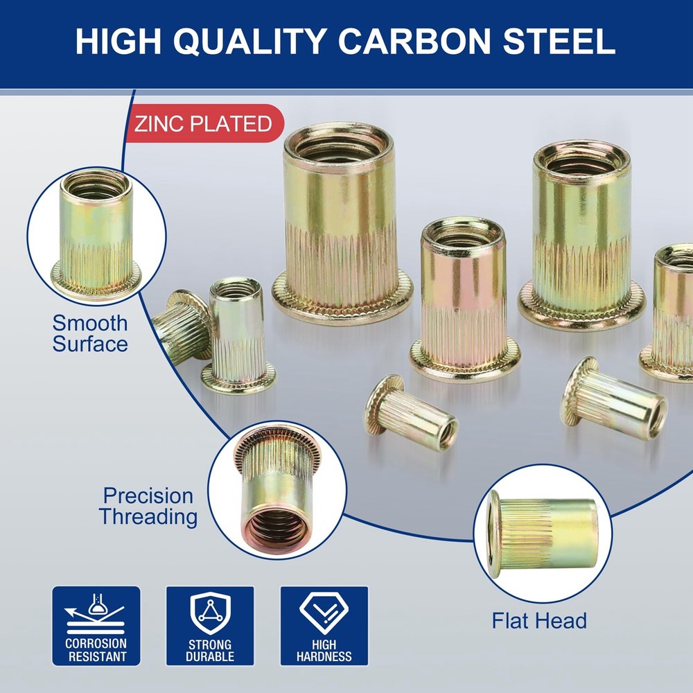 WORKPRO 220PCS Metric Rivet Nuts Zinc Plated Steel Flat Head Threaded Insert Nut