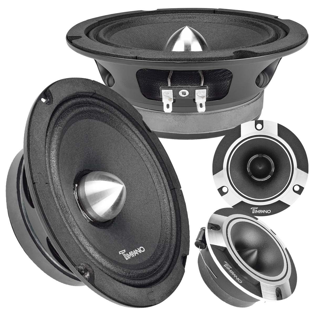 4X TIMPANO 6.5" MIDRANGE BULLET SLIM SPEAKERS 4X SUPER TWEETERS 3200 WATT BUNDLE