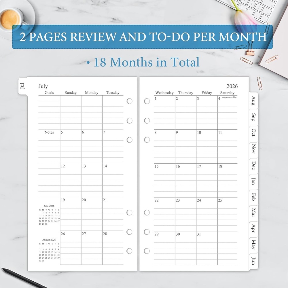 2026-2027 Monthly Planner Refill, A6 Small Size Planner Inserts for 6 Ring