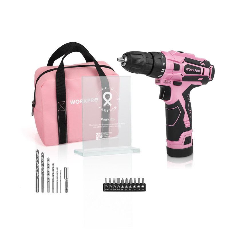 WORKPRO Pink Cordless Drill Driver Set 12V Screwdriver Driver 3/8" Keyless Chuck