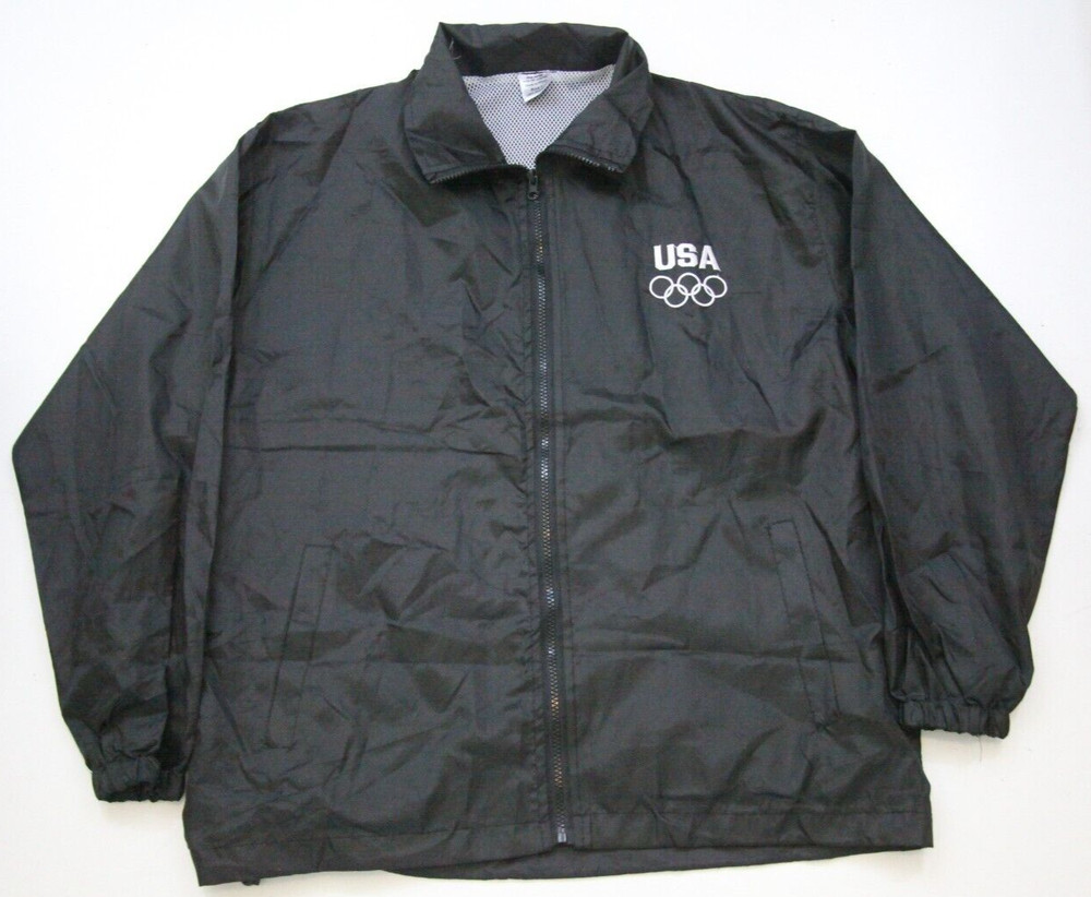 Large USA Athletic Jacket Coat Black Polyester Mans Lined Pockets Zipper QQ16