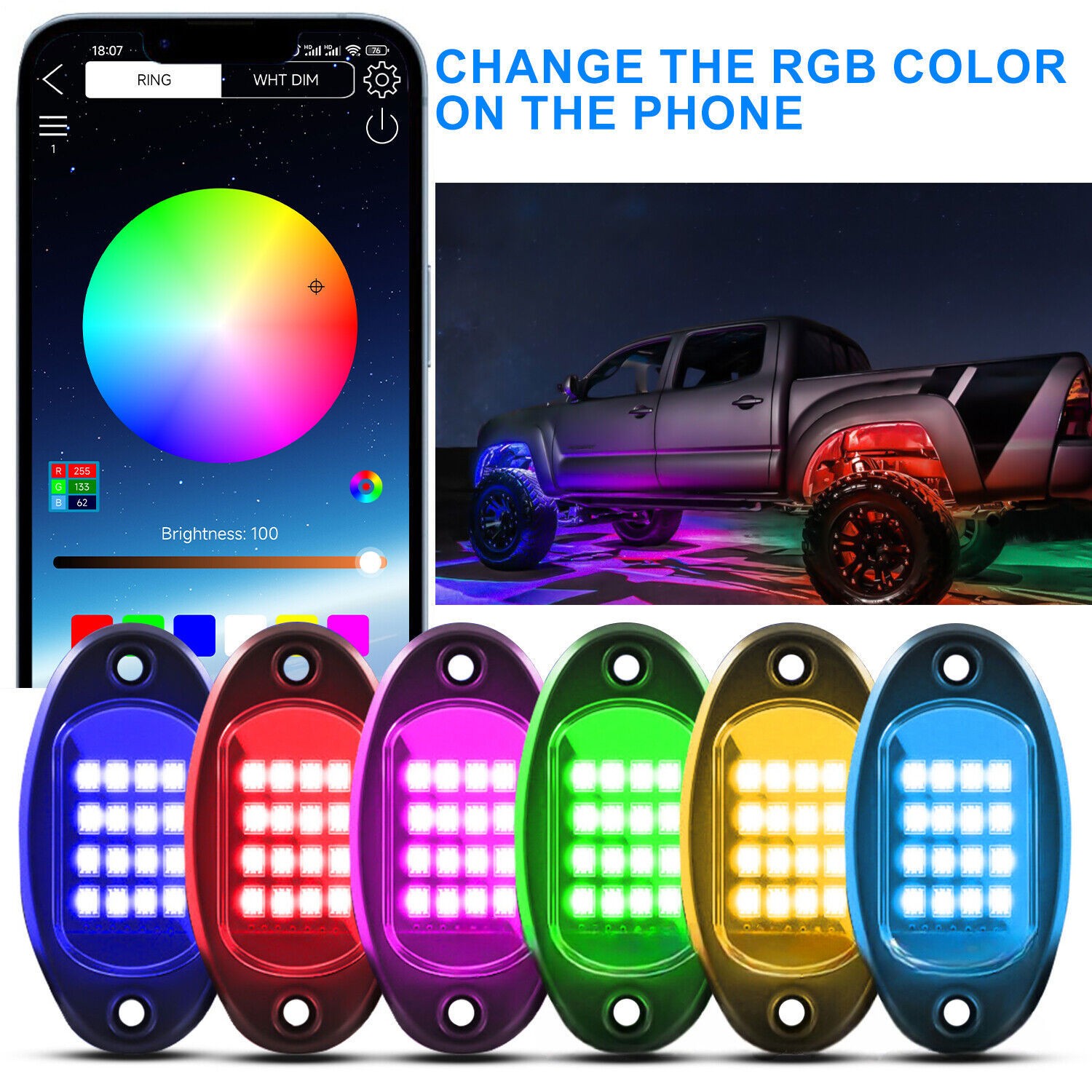 8Pods RGB LED Rock Lights Offroad Music Wireless Bluetooth Underglow Neon Lights