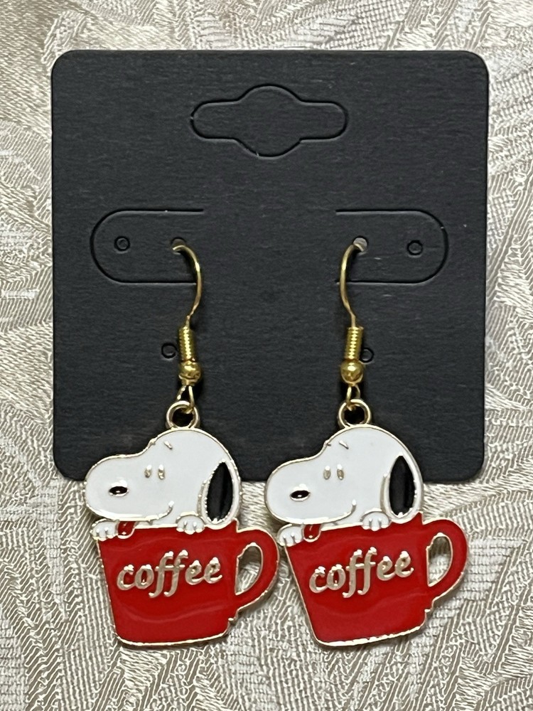 Snoopy Coffee Gold Loop Enamel Drop Dangle Adorable Boho Trendy Earring Set