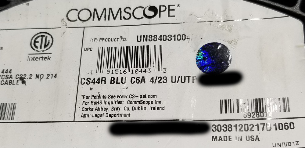 Commscope CS44R Cat6A U/UTP Network Ethernet 10G 10Gig Cable Riser Blue /100ft