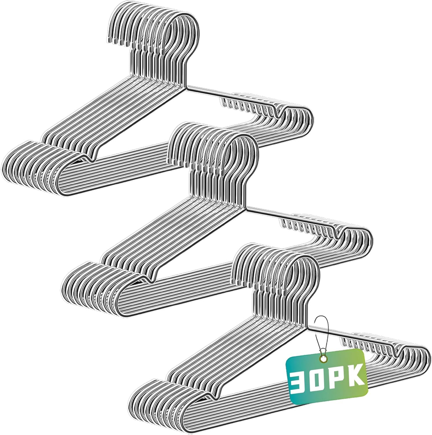 Wire Hangers 30 Pack, Heavy Duty, Space Saving, Stainless Steel, Silver, 16.5Inc