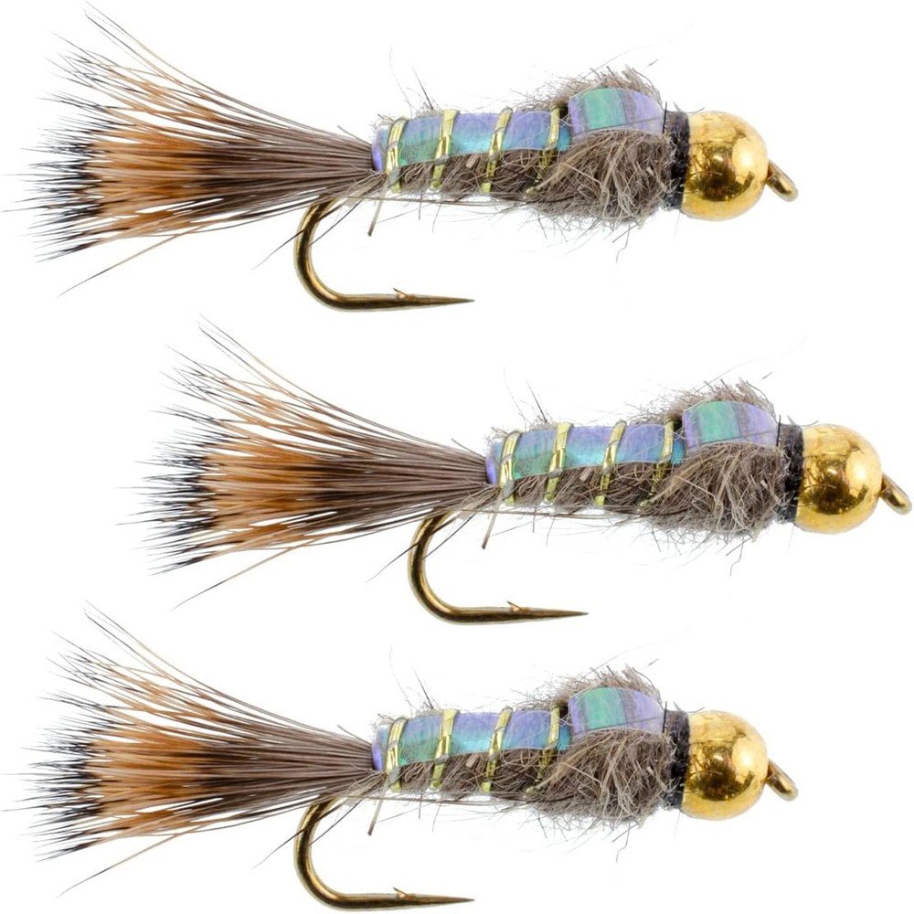 3 Pack Tungsten Bead Head Flash Back Gold Ribbed Hare's Ear Nymph Hook Size 12