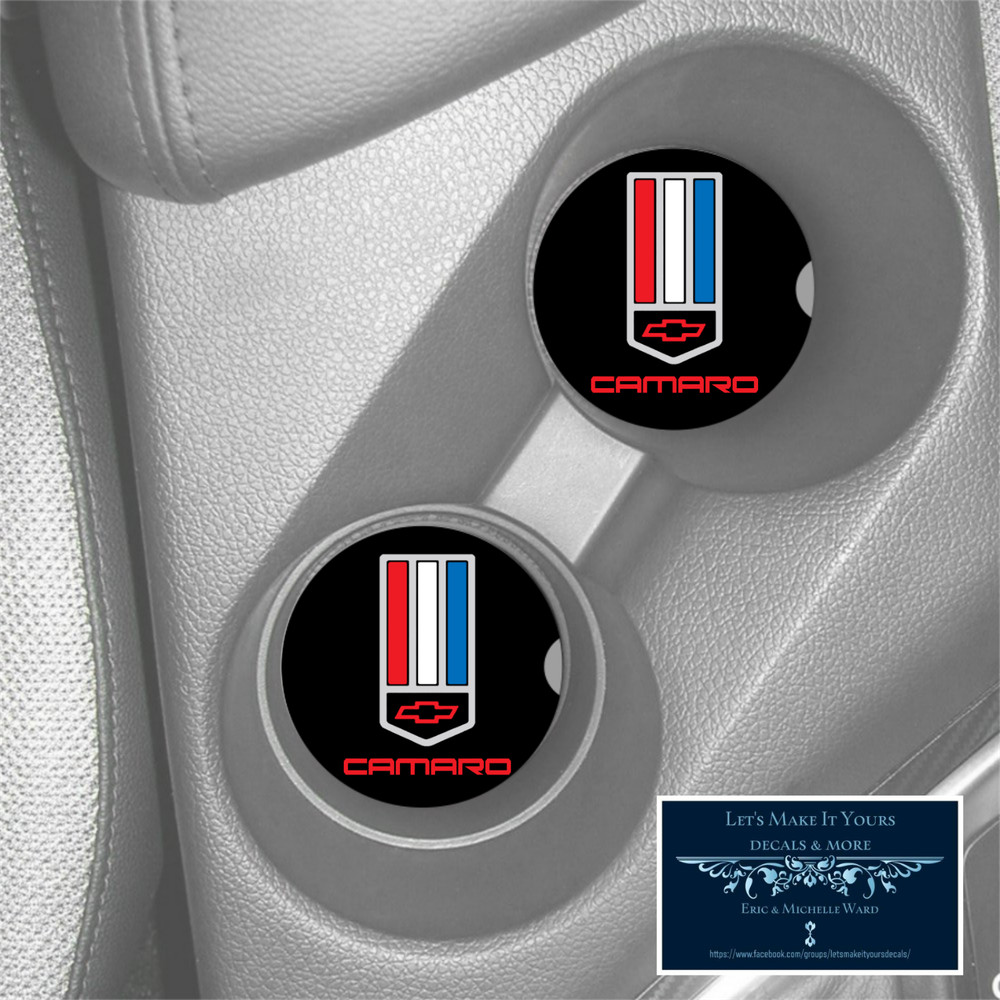 CHEVY CAMARO LOGO CUSTOM CUP HOLDER SANDSTONE CAR COASTERS SET OF 2 DESIGN1