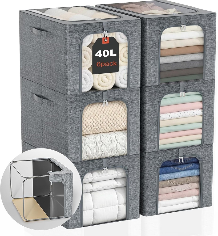 GoMaihe Clothes Storage Bin with Metal Frame: 6-Pack Stackable Closet Storage Bi