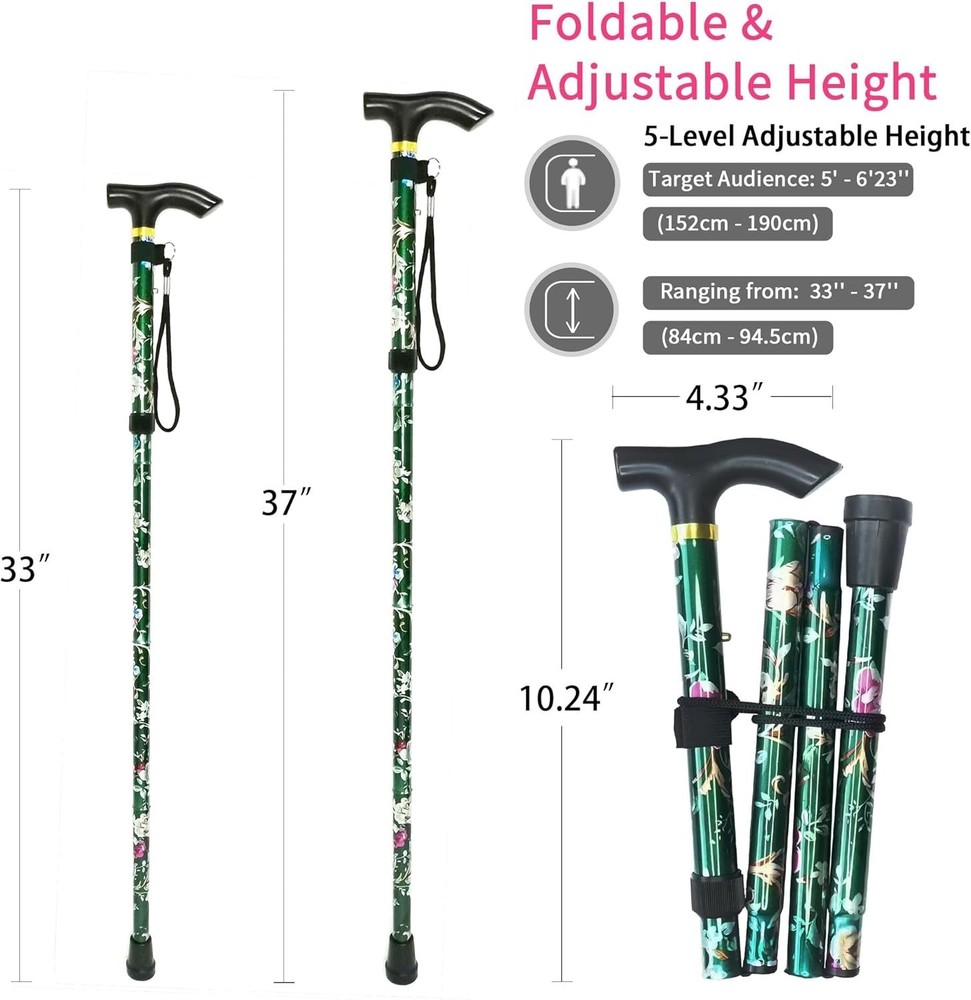 Compact Folding Cane with Ergonomic Grip - Lightweight 5-Level Adjustable Height