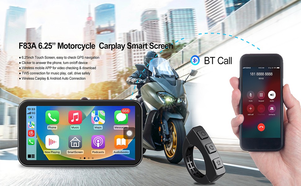 6.25" Motorcycle GPS Navigation Touch Screen Wireless CarPlay Android Auto Cam