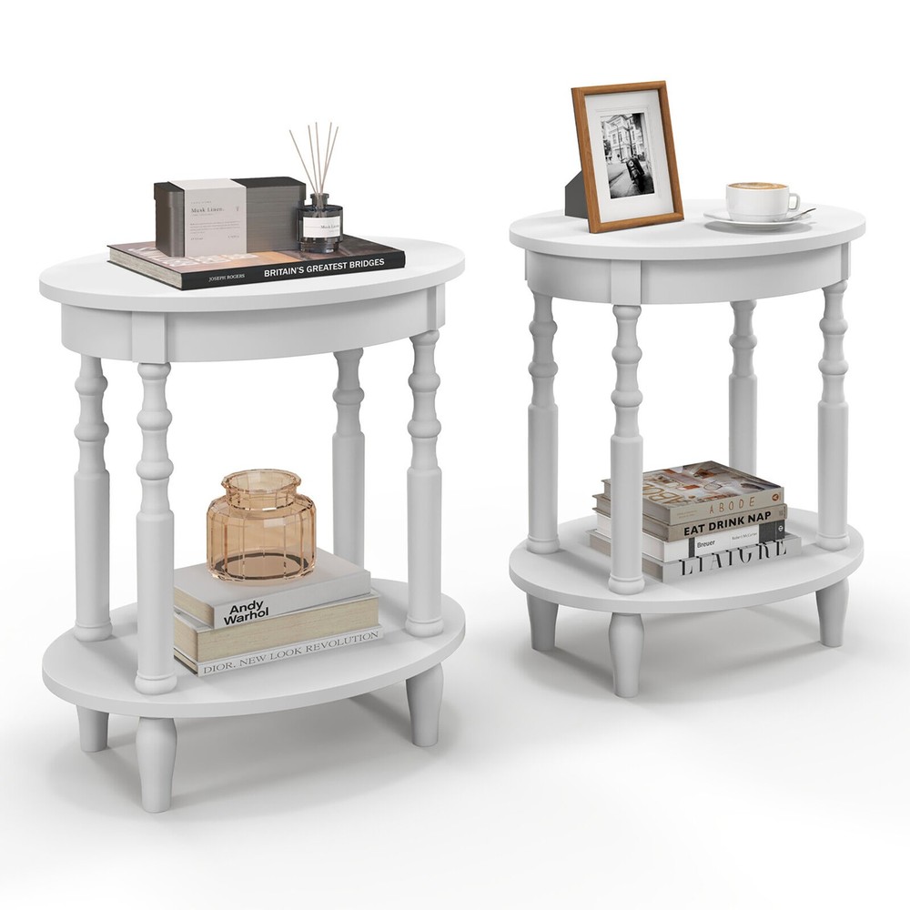 2 PCS 2-Tier End Table Oval Compact Sofa Side Nightstand w/ Storage Shelf