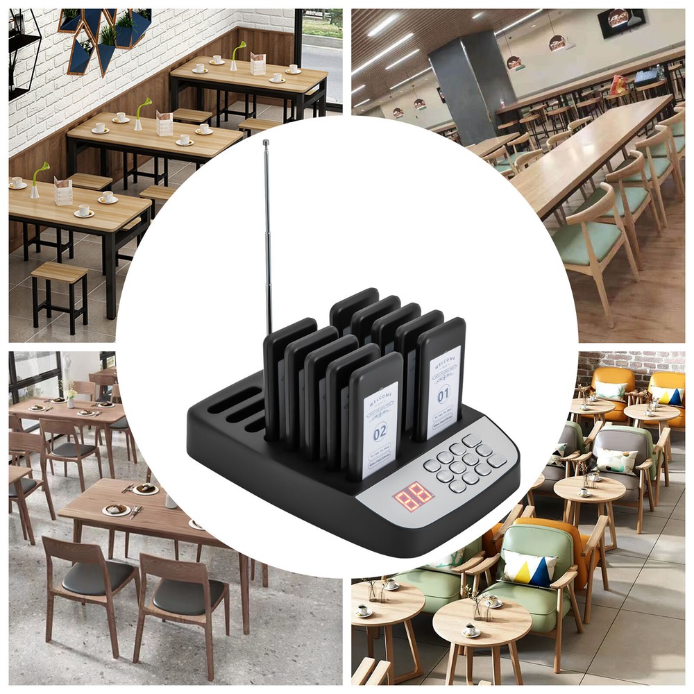Restaurant Wireless Pager System 10 Buzzer Pager Guest Queuing Calling Black