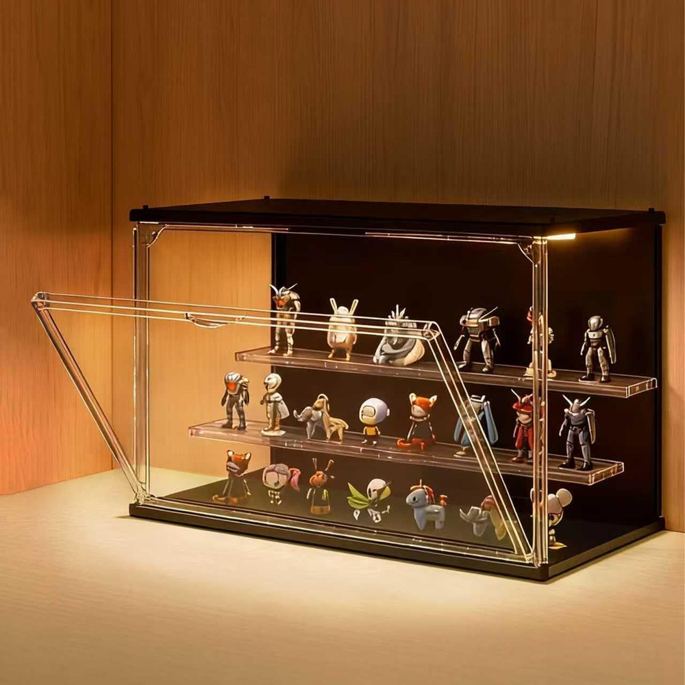 Clear Display Case for Collectibles, 3-Tier Stackable LED Figure Display Case wi