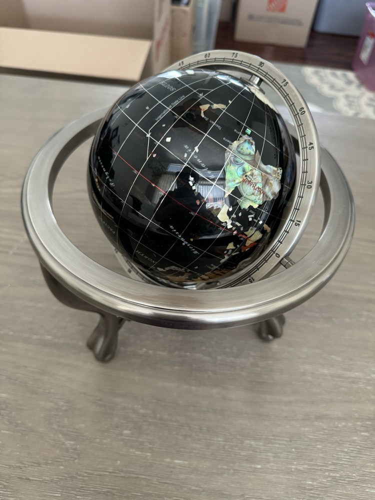 Black ocean Silver 3- leg table stand Gem MOP Gemstone World MAP globe