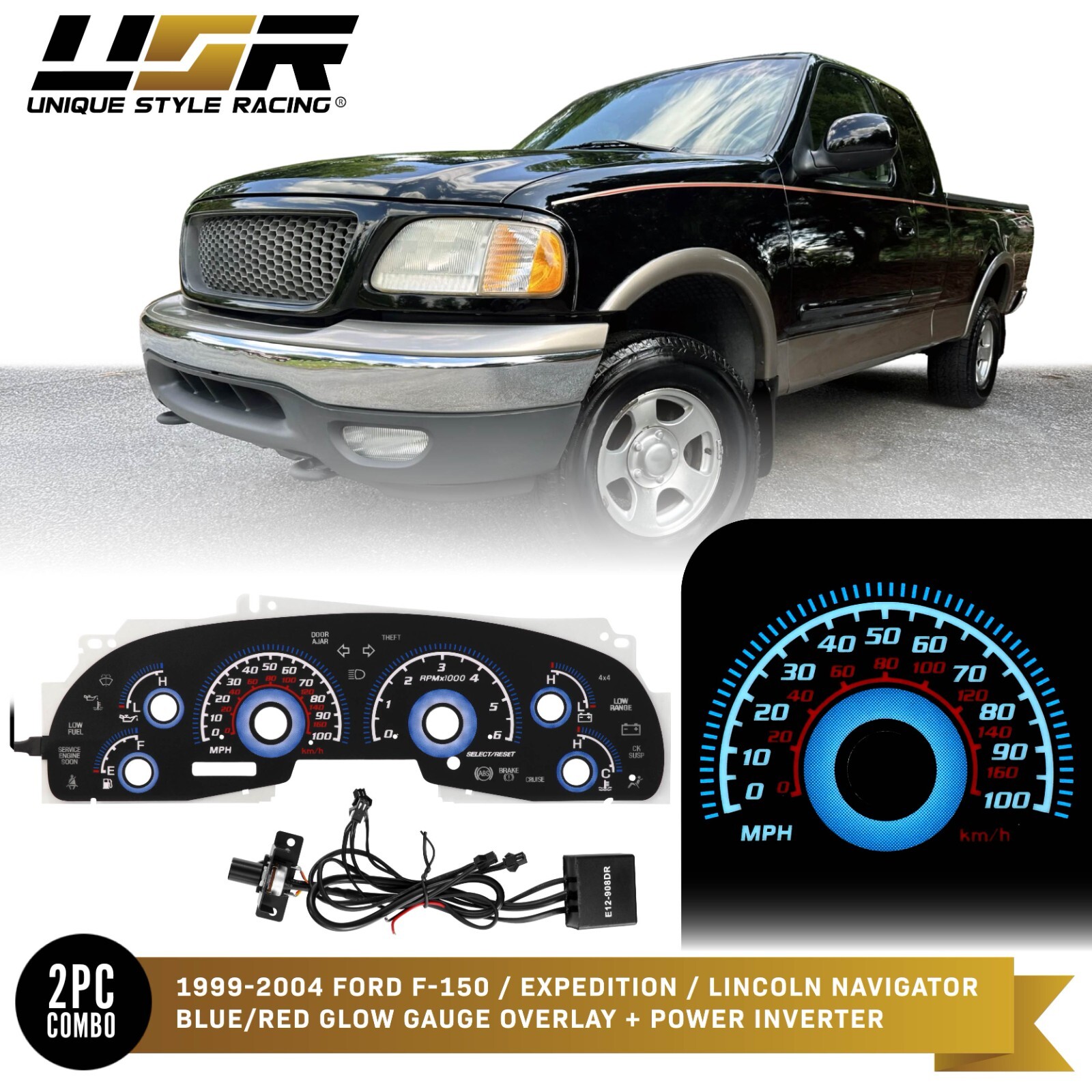 BLUE Glow Gauge Black Overlay For 99-04 Ford F150/Expedition Instrument Cluster