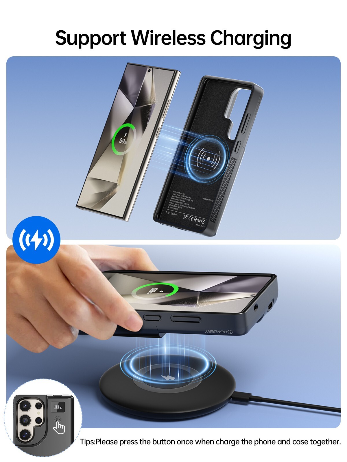 NEWDERY 10000mAh Wireless Battery Case For Samsung S25 Ultra Power Bank Case