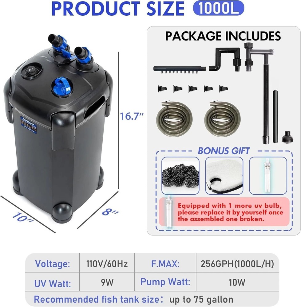 Quiet 265GPH Canister Filter for Large Fish Tanks