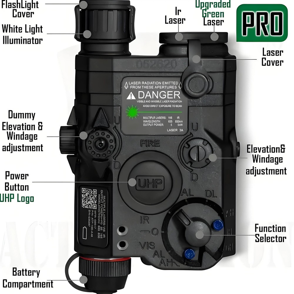 Visible Green Laser with IR & White LED Flashlight, Battery Powered