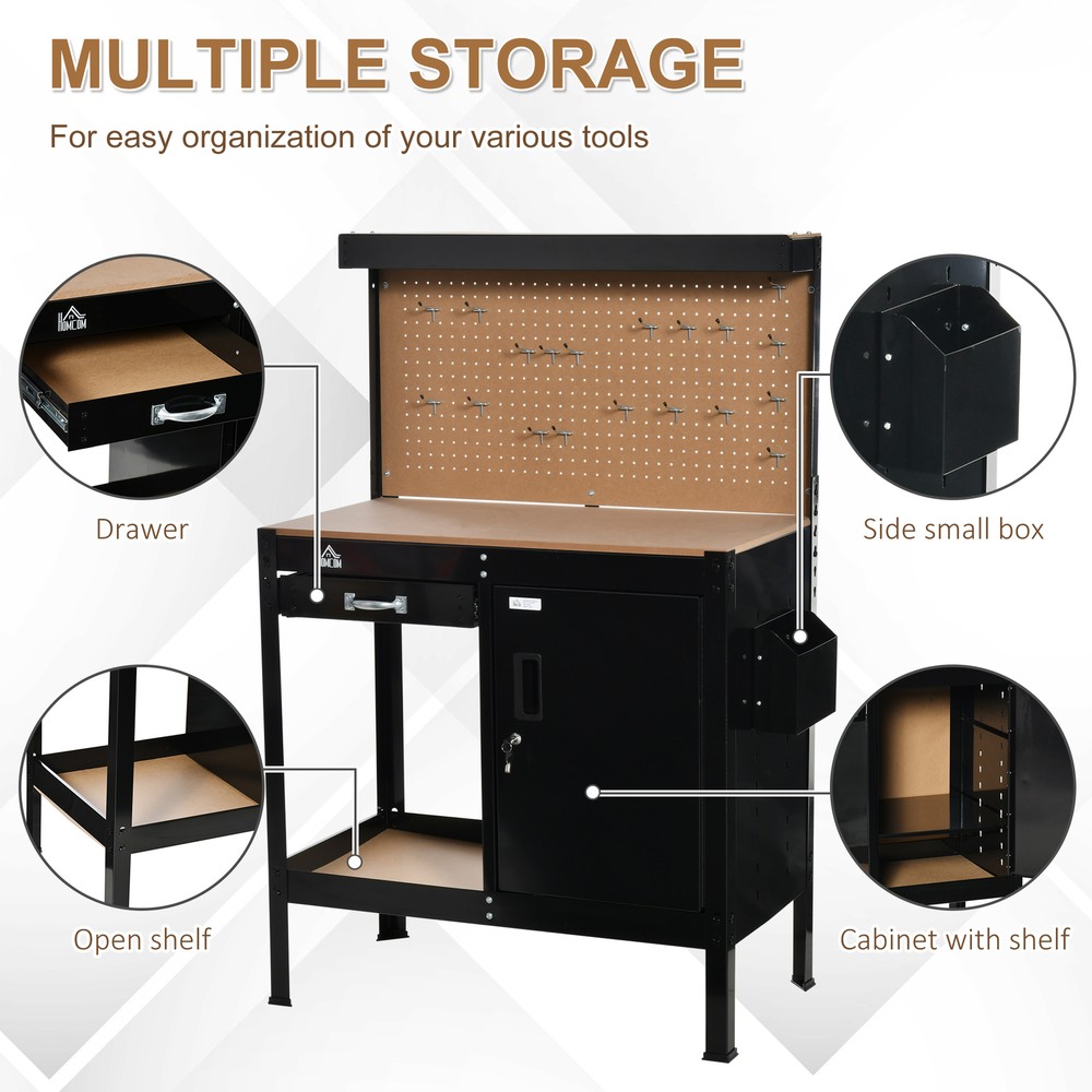 Work Table Garage Tool Stand w/ 20 Hook Peg Board, Tool Storage, 220lbs Capacity