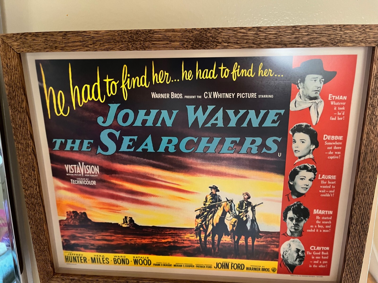 JOHN WAYNE - The Searchers 56 Lobby Card- Beautiful Museum Framed Oak Shadowbox