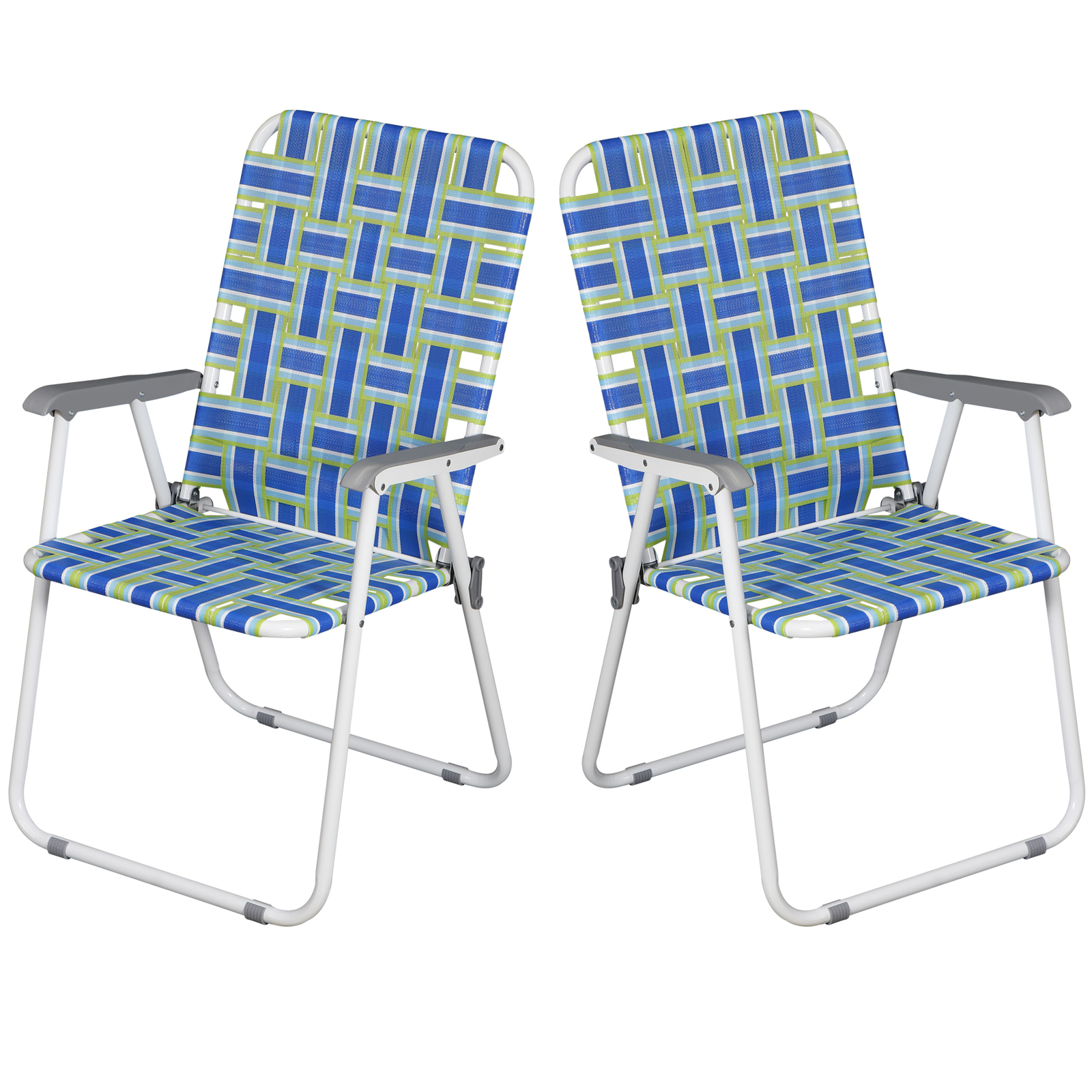 Metal Frame Blue Beach Chairs Set of 2 Webbed Folding Patio Lawn Camping Chairs