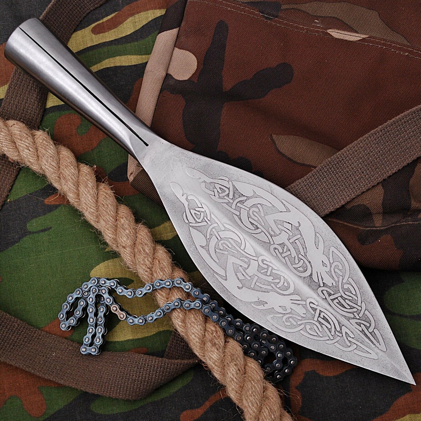 Norse Viking Leaf Long Spear Head High Carbon Steel with Sheath