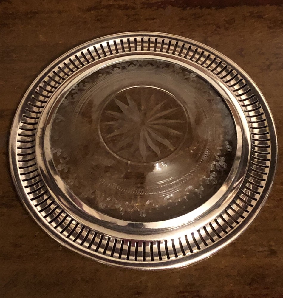 Etched Acrylic Silverplate Candy Dish 7 Inch