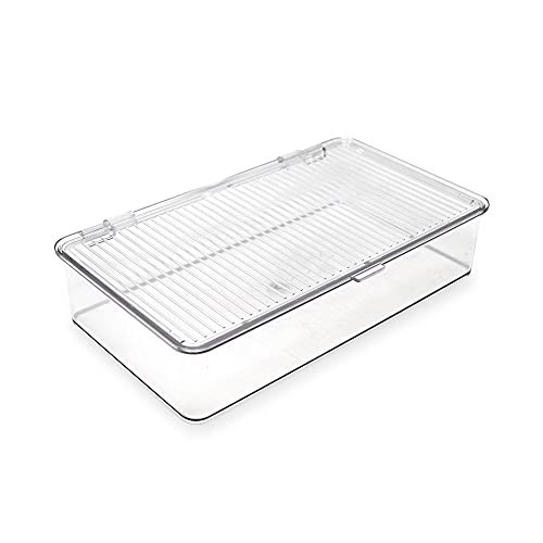 Stackable Clear Organizer Bin with Hinged Lid - 10.75"x6.5"x2.4" Storage Box for