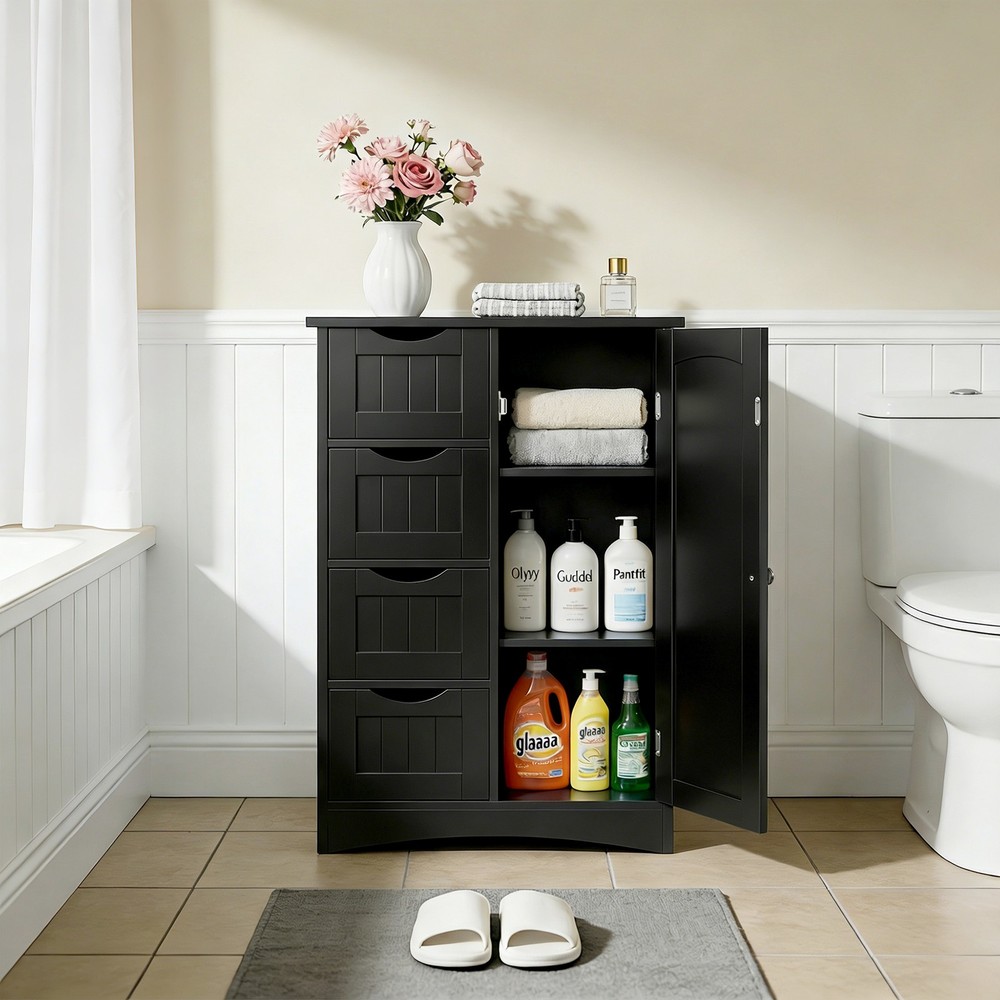 Bathroom Storage Cabinet Freestanding Floor Storage Cupboard Adjustable Black