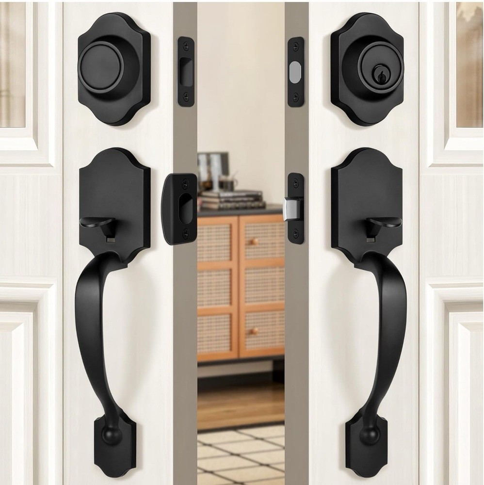 Double Front Door Handleset with Deadbolt – Matte Black Classic Entry Handle Set