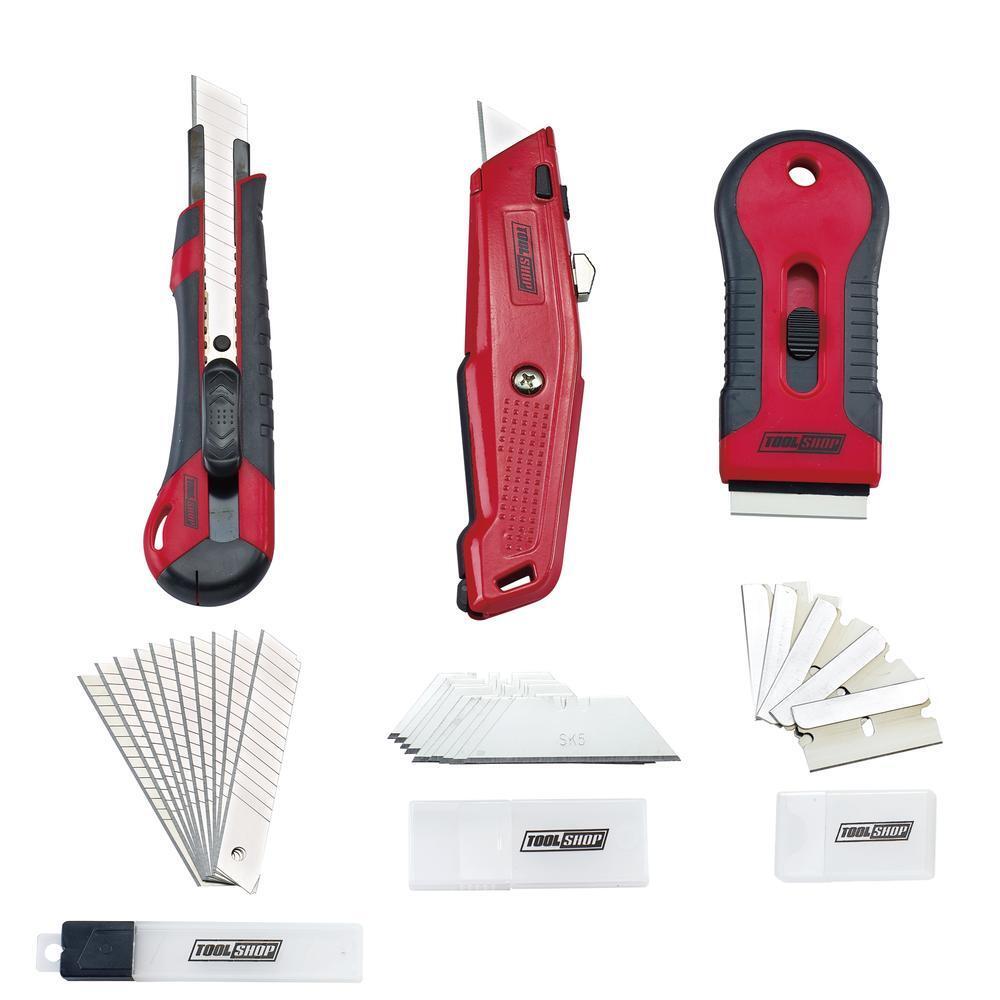 3 Piece Retractable Utility Knife, Snap Off & Scraper Set - Includes 28 Blades
